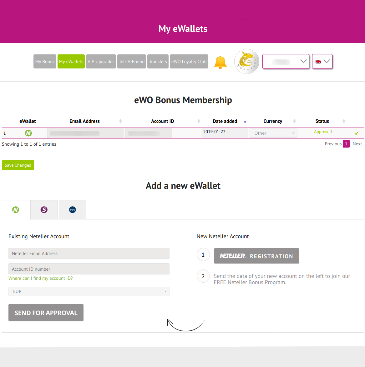 eWO User Dashboard My eWallets