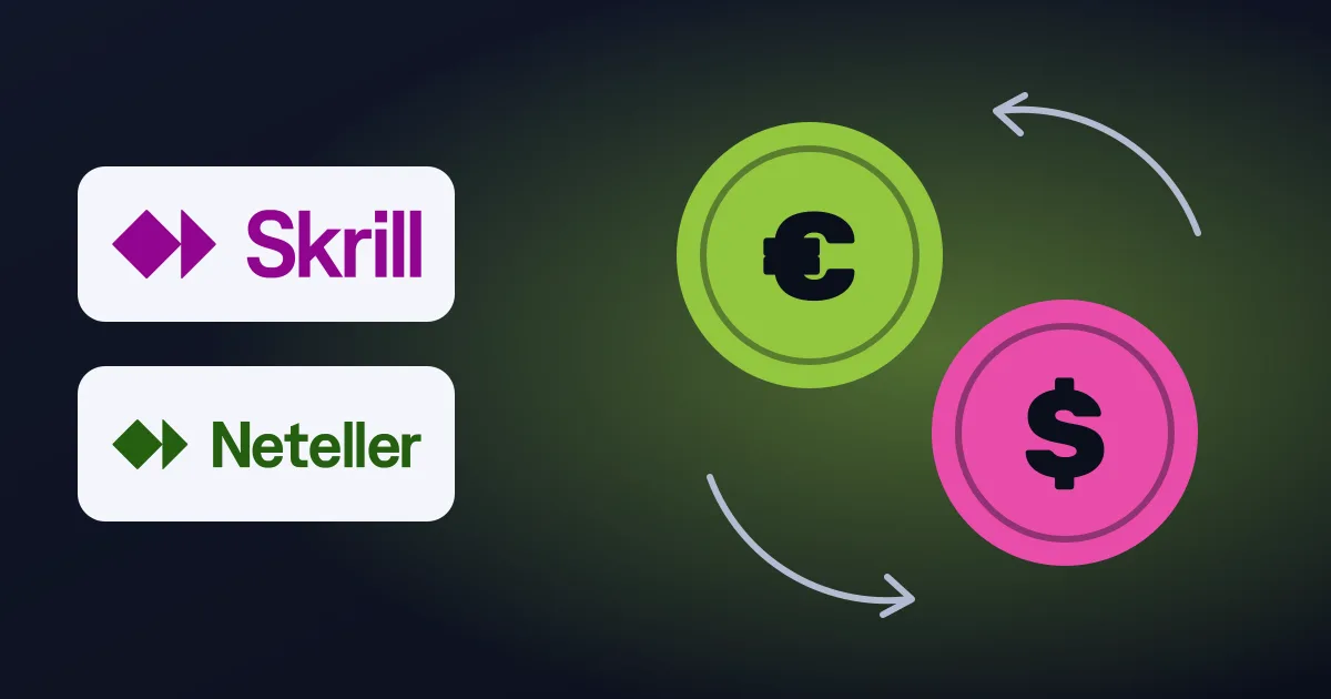 Skrill and Neteller logos next to euro and dollar coins with exchange arrows