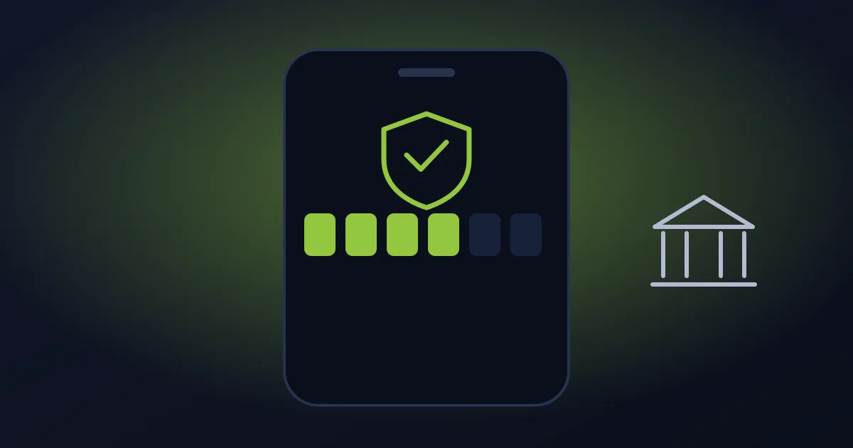 Phone with a six-digit security code and shield next to a bank symbol