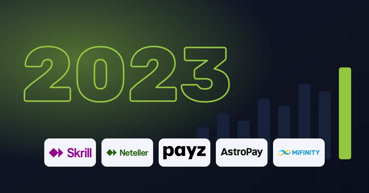The year 2023 with a bar chart and logos of Skrill, Neteller, Payz, AstroPay and MiFinity