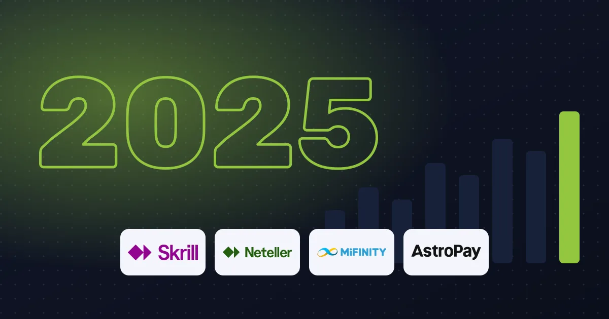 The year 2025 with a bar chart and logos of Skrill, Neteller, MiFinity and AstroPay