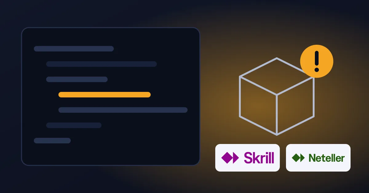 Code window with a flagged line and a software package with a warning sign, Skrill and Neteller logos