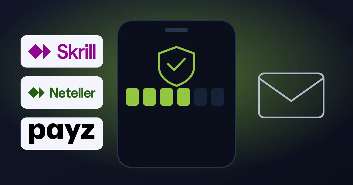 Phone with a security code and shield next to an envelope, Skrill, Neteller and Payz logos