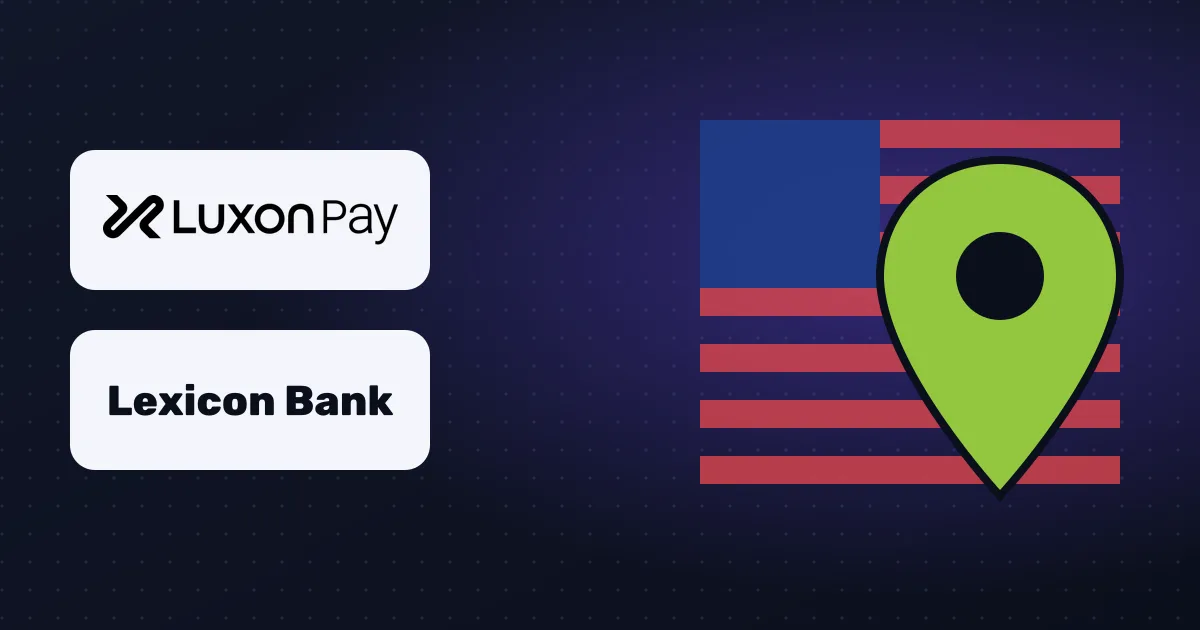 Luxon Pay and Lexicon Bank logos next to a map pin over US flag stripes