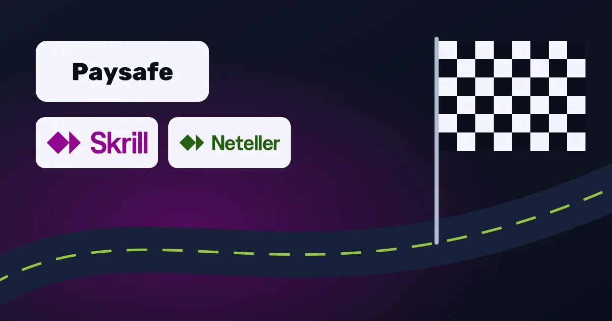 Paysafe, Skrill and Neteller logos next to a race track and chequered flag