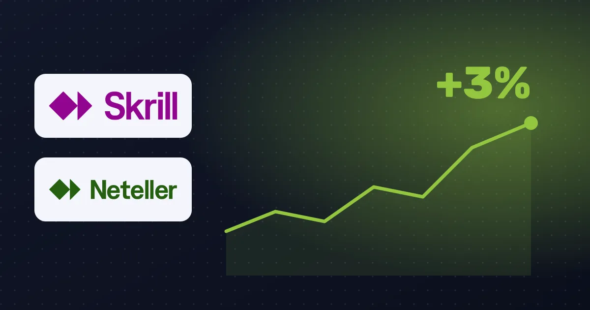 Skrill and Neteller logos next to a rising line chart marked +3%