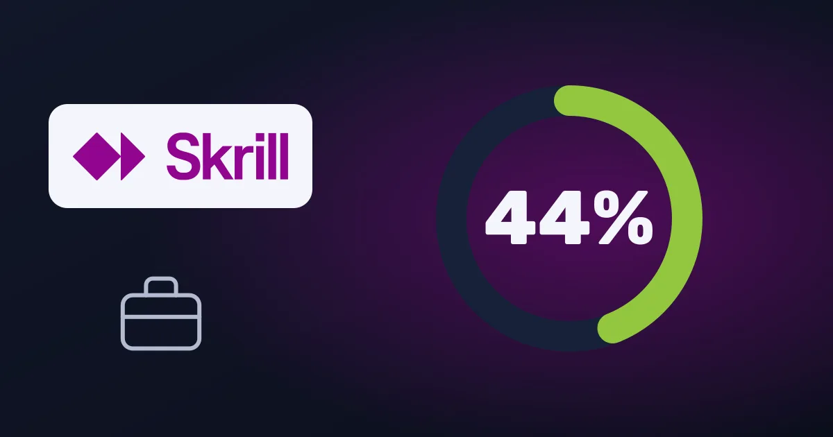Skrill logo with a ring chart showing 44% and a suitcase