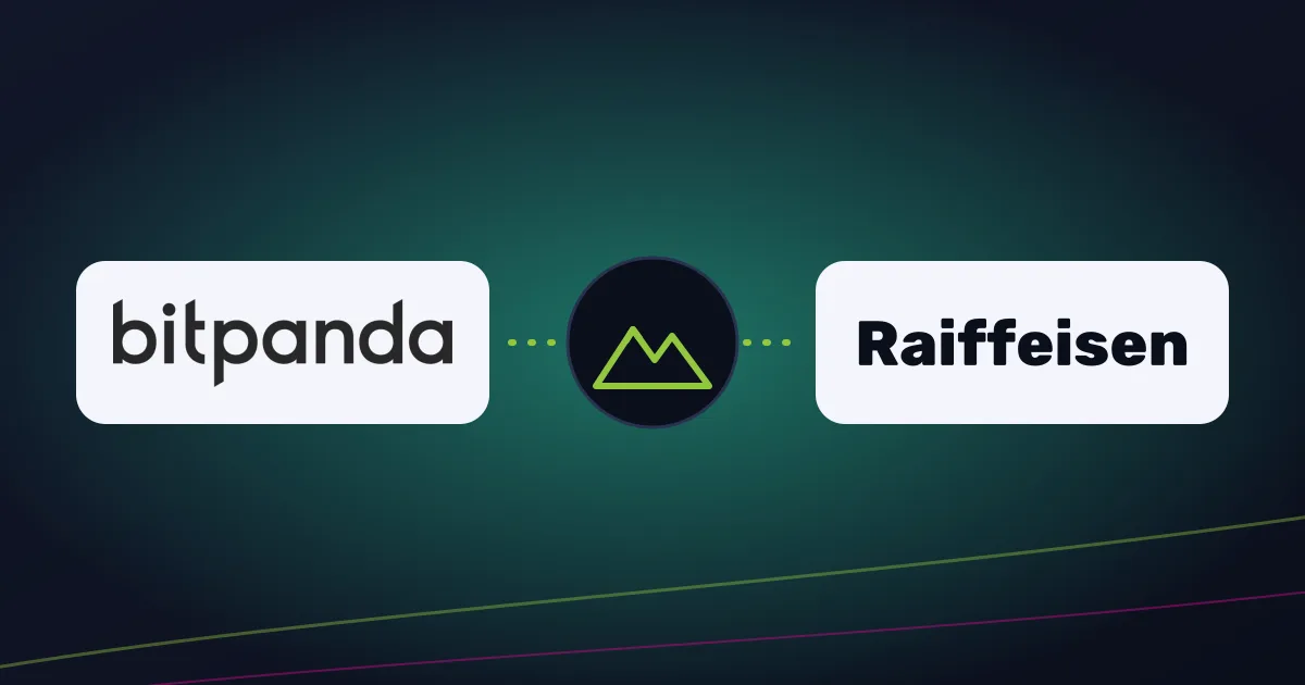 Bitpanda and Raiffeisen logos linked by a mountain symbol for Tyrol
