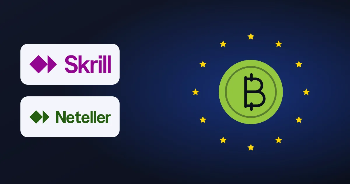Skrill and Neteller logos next to a crypto coin inside a ring of EU stars