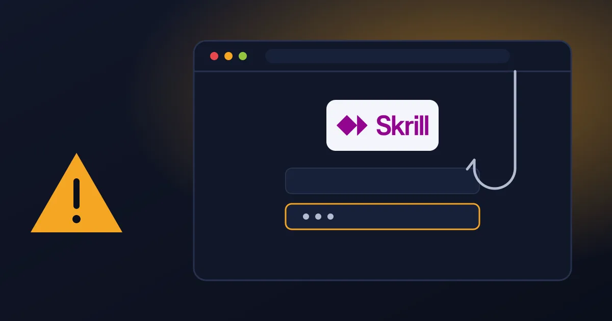 Fake login page with the Skrill logo, a fishing hook in the password field and a warning sign